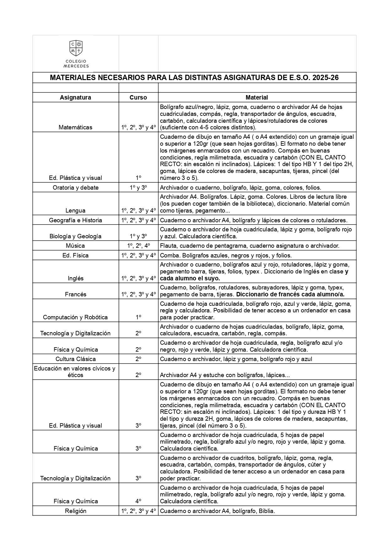 MATERIALES NECESARIOS PARA LAS DISTINTAS ASIGNATURAS DE E.S.O. 2025 26 Hoja 1 1 page 0001